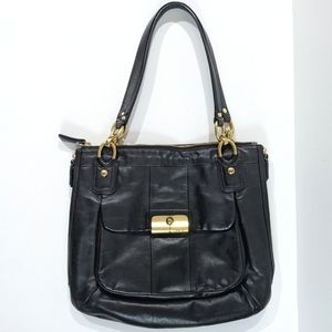 Coach "Kristin" Black Leather Large Tote Bag with Expandable Sides + Logo Tag